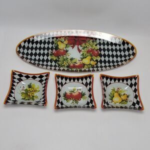 Prima Fruit Holly Design Checker Oval Platter Plate 3 Square Glass Bowl Dishes